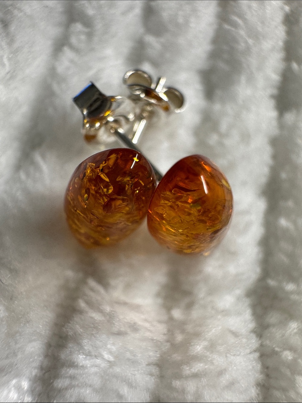 Baltic Cognac Colored Amber Stud Earrings in Sterling Silver